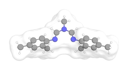 3D rendering of Amitraz with white transparent surface on a white opaque background. Also called mitac and taktic.