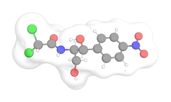 3D rendering of Chloramphenicol with white transparent surface on a white opaque background. Also called chloromycetin and chlornitromycin.