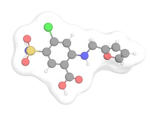 3D rendering of Furosemide with white transparent surface on a white opaque background. Also called frusemide and lasix.