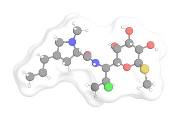 3D rendering of Clindamycin with white transparent surface on a white opaque background. Also called chlolincocin and dalacine.
