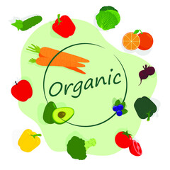 Organic lettering in a round frame. Vector illustration in flat style. fruits and vegetables