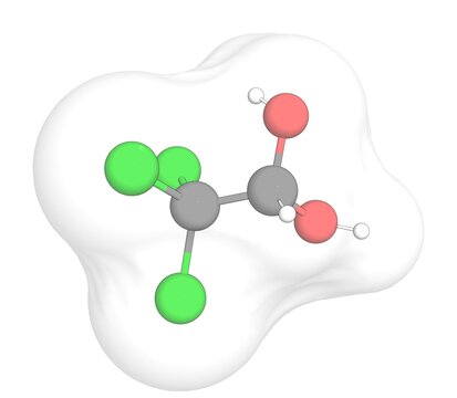 3D rendering of Chloral Hydrate with white transparent surface on a white opaque background. Also called trichloroacetaldehyde hydrate and noctec.