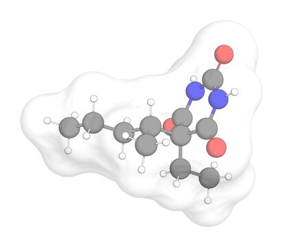 3D rendering of Pentobarbital with white transparent surface on a white opaque background. Also called pentobarbitone and nembutal.