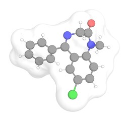 3D rendering of Diazepam with white transparent surface on a white opaque background. Also called valium and diazemuls.