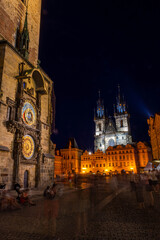 Fototapeta na wymiar PRAGUE, CZECH REPUBLIC, 31 JULY 2020: Astronomical Clock and Church of Our Lady of Tyn at night