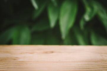 Wooden table close-up with blurred natural background. Green natural blurred background with wooden table for product advertising