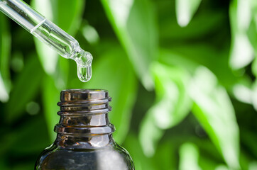 Close-up of a pipette dripping into a bottle. Dropper with hyaluronic liquid or essential oil....