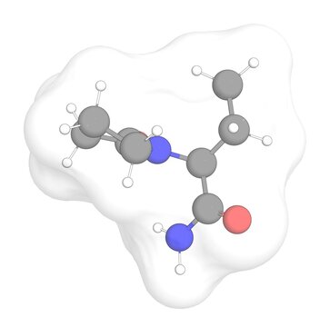 3D rendering of Levetiracetam with white transparent surface on a white opaque background. Also called keppra and keppra xr.