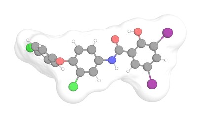 3D rendering of Rafoxanide with white transparent surface on a white opaque background. Also called disalan and ranide.