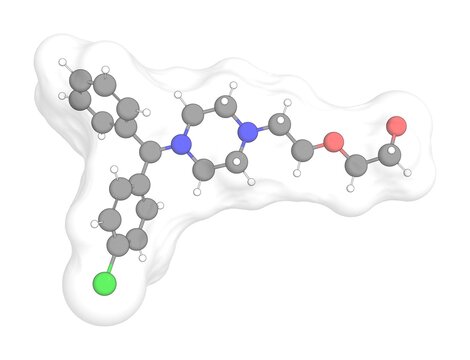 3D rendering of Hydroxyzine with white transparent surface on a white opaque background. Also called hydroxizine and hydroxyzin.