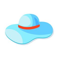 Vector illustration of a summer hat with wide brim, blue with a blue ribbon, isolated on a white background.
