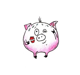 The Piggy drawing is made with colored pencils and black liner