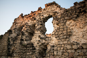 Ruins of the Templar castle. Old building, stone walls, evening lighting. 