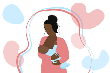 Breastfeeding. Young mother is feeding baby in hands. African american woman and little child. Newborn is drinking breast milk. Female lactation concept. Vector illustration - obrazy, fototapety, plakaty