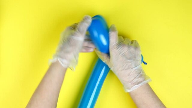 Hands in white gloves make toy dog from long blue balloon, twist figurine. On bright yellow background. Training or masterclass of holiday or party. Top view. Close-up.