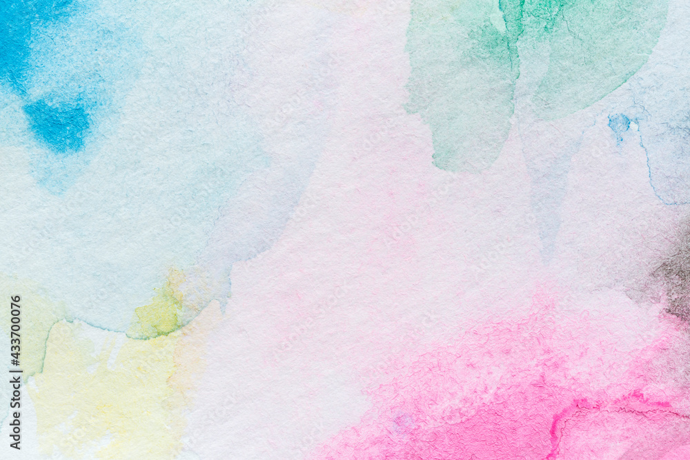 Poster macro close-up of an abstract colorful watercolor gradient fill background with watercolour stains. 