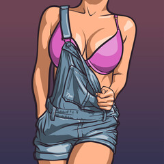 Beautiful sexy woman in jeans overall and pink bra. Swag style. Comic vector illustration. © antoney