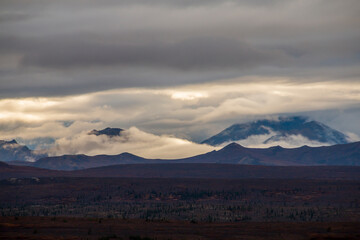 dramatic landscape of  mountain peaks and mountain ranges inside Denali National Park  during...