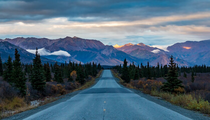 lone and only gravel road where authorized buses travel to the Denali interior in Denali national park.