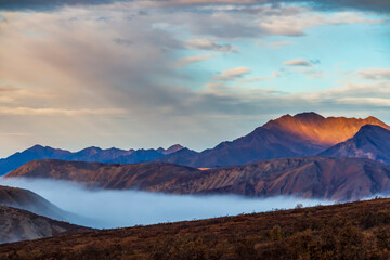 dramatic landscape of  mountain peaks and mountain ranges inside Denali National Park  during...