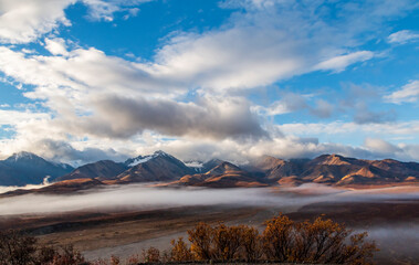dramatic landscape of  mountain peaks and mountain ranges inside Denali National Park  during...