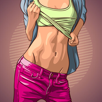 Sexy young woman in pink jeans shows a beautiful tummy. Vector illustration