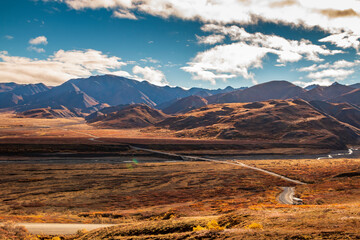 lone and only gravel road where authorized buses travel to the Denali interior in Denali national...