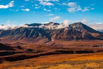 dramatic landscape of  mountain peaks and mountain ranges inside Denali National Park  during autumn season.