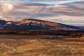 dramatic landscape of  mountain peaks and mountain ranges inside Denali National Park  during autumn season.