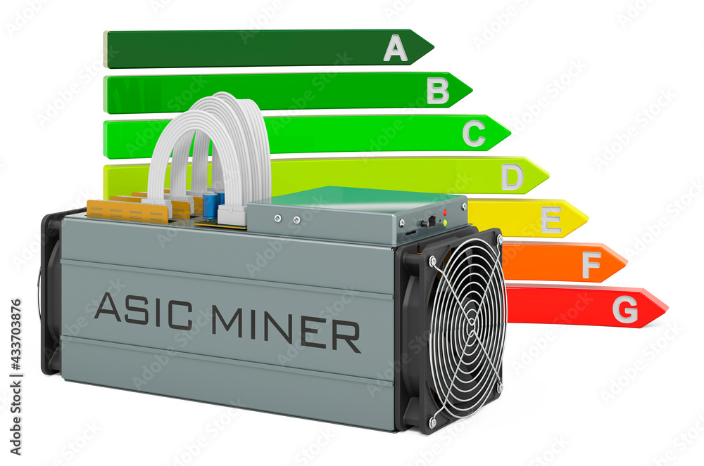 Poster asic miner with energy efficiency chart, 3d rendering