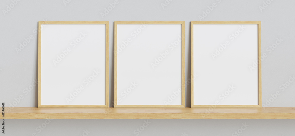 Poster Three simple photo mockup frames shelf. Clipping path included 3D render. 3D illustration.