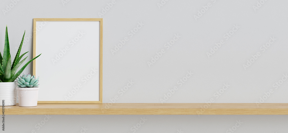 Poster picture frme mockup and succulent plants on wooden shelf. large empty wall mockup. clipping path inc