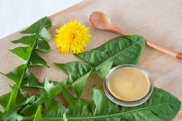 Dandelion leaves and salad dressing in a kitchen