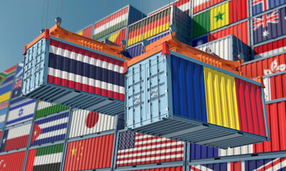 Two freight container with Thailand and Romania flag. 3D Rendering