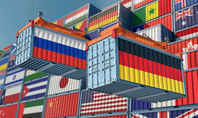 Two freight container with Germany and Russia flag. 3D Rendering
