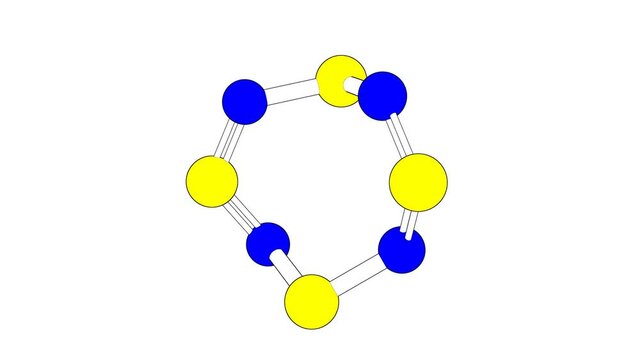 360&ordm; realistic 3D view of Tetrasulfur Tetranitride as a seamless loop over a white opaque background with alpha mask. Also called tetranitrogen tetrasulfide and s4n4.