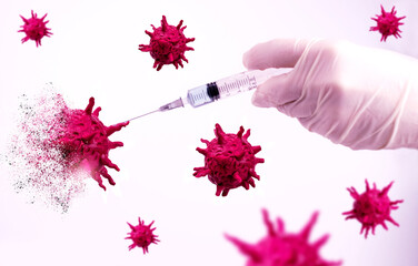 Vaccine injection destroying molecule of coronavirus, COVID-19. Successful vaccination test of Corona Virus SARS CoV 2, 2019 nCoV virus destruction.
