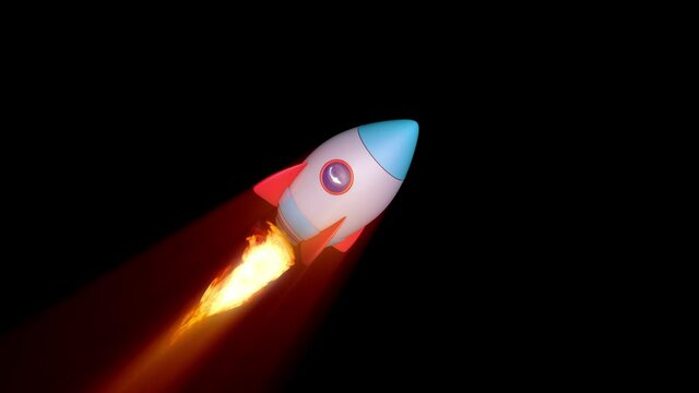 Infinite loop of rocket flying upwards in space to the moon. Going in high speed and shaking. 3d render animation