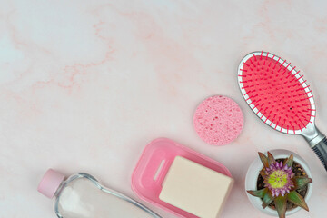 Skincare flatlay concept, cosmetic accessories and products for cleansing, massage, treatment, moisturizing, elasticity of the face and body, hygiene, youth and health of the skin