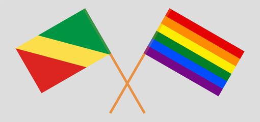 Crossed flags of Republic of the Congo and LGBTQ. Official colors. Correct proportion