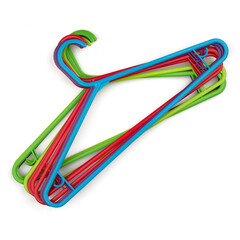 Empty clothes hanger, multicolored plastic coat hangers. Shop and wardrobe accessories. Fashionable shopping bright concept