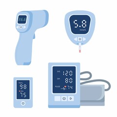 Medical device icon set. Tonometer, glucometer blood glucose meter, pulse oximeter, thermometer. Vector illustration collection isolated white background. Health care equipment