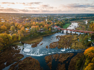 Venta Rapid waterfall, the widest waterfall in Europe, Kuldiga, Latvia. Captured from above.