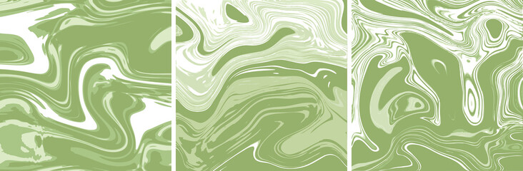Matcha Latte Swirls. Vector Marble Texture Square Tile Triptych. Ink Marbling Paper Background. Elegant Luxury Backdrop. Liquid Paint Swirled Patterns. Japanese Suminagashi or Turkish Ebru Technique.  - 433707247