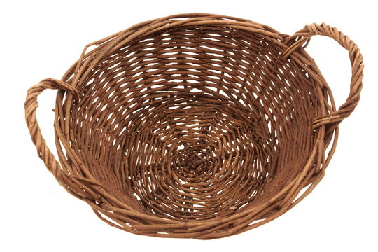 Round Wicker Picnic Gift Wine Food Basket Isolated On White Background, Top View. Rattan Wicker Basket Isolated On White.