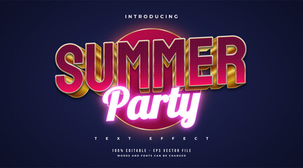 Summer Party Text in Red and Gold Style and Glowing Neon Effect. Editable Text Effect