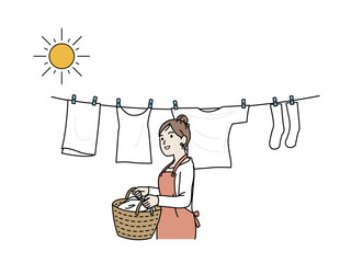 洗濯物を干す　取り込む　主婦　女性　家事　イラスト素材 © SENRYU
