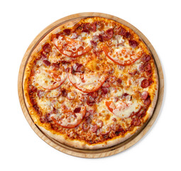 Fresh pizza on wooden board isolated on white