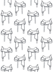 Vector seamless pattern of flat outline cowboy western horse saddle isolated on white background