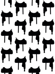 Vector seamless pattern of cowboy western horse saddle silhouette isolated on white background